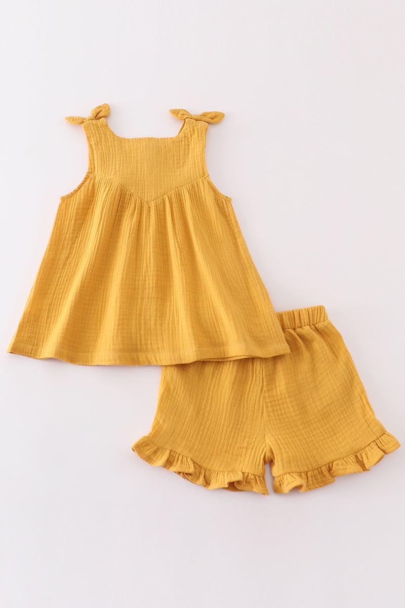 Premium Yellow muslin bow shorts set Product Image