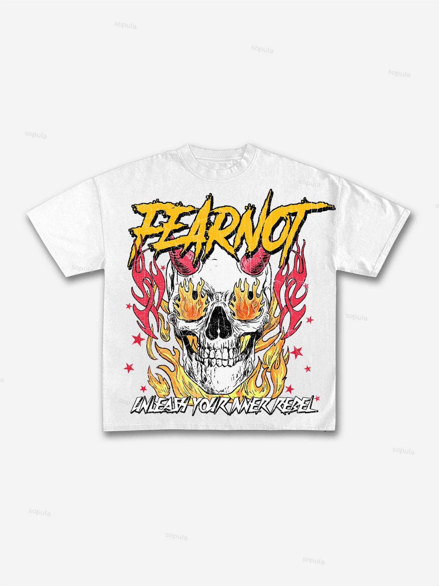 Fear Not Flaming Skull Print Cotton T-shirt Product Image