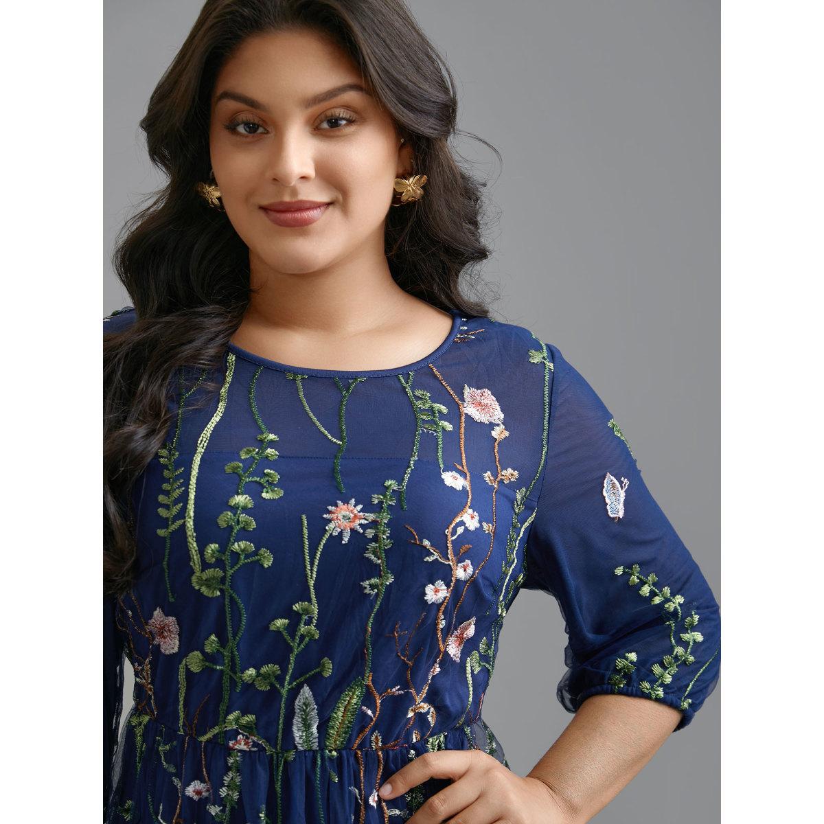 Plus Size Floral Embroidered Elastic Waist Lined Midi Dress Navy Women Formal Texture Party Curvy Bloomchic 28/5X Product Image