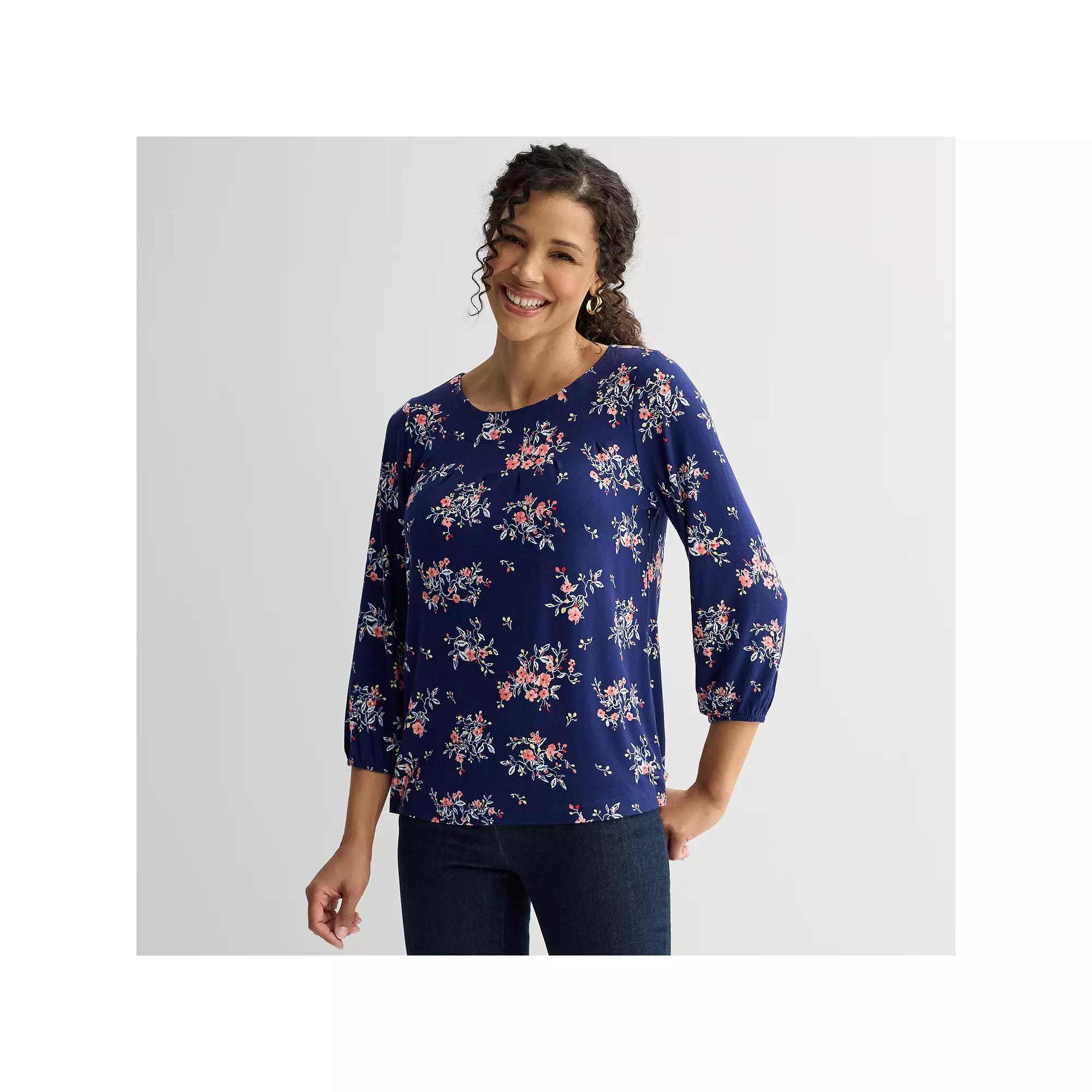 Women's Croft & Barrow® 3/4-Sleeve Pleated Top, Size: XL, Navy Pink Floral Product Image