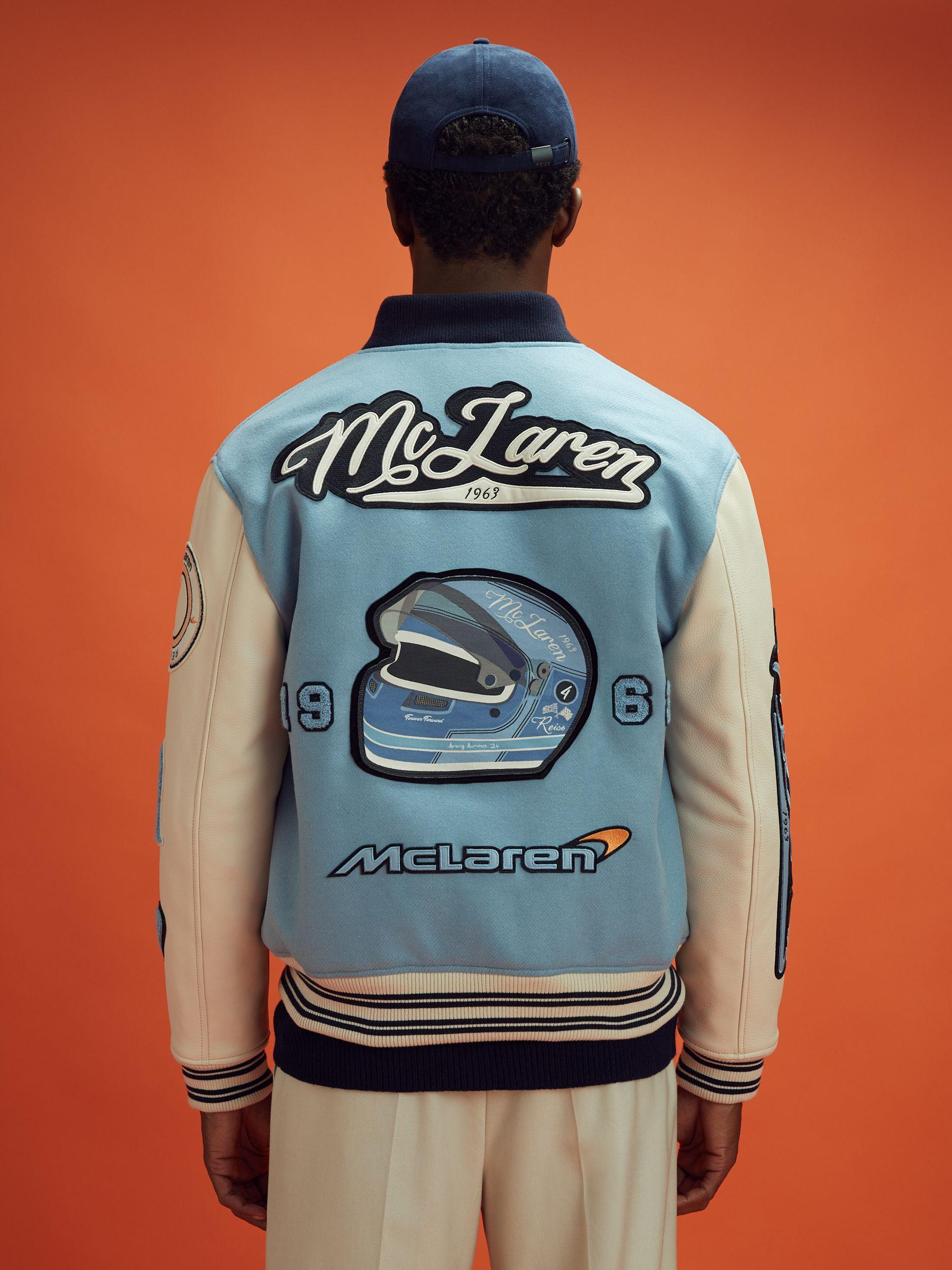 Leather Varsity Jacket in Soft Blue/Ecru Product Image