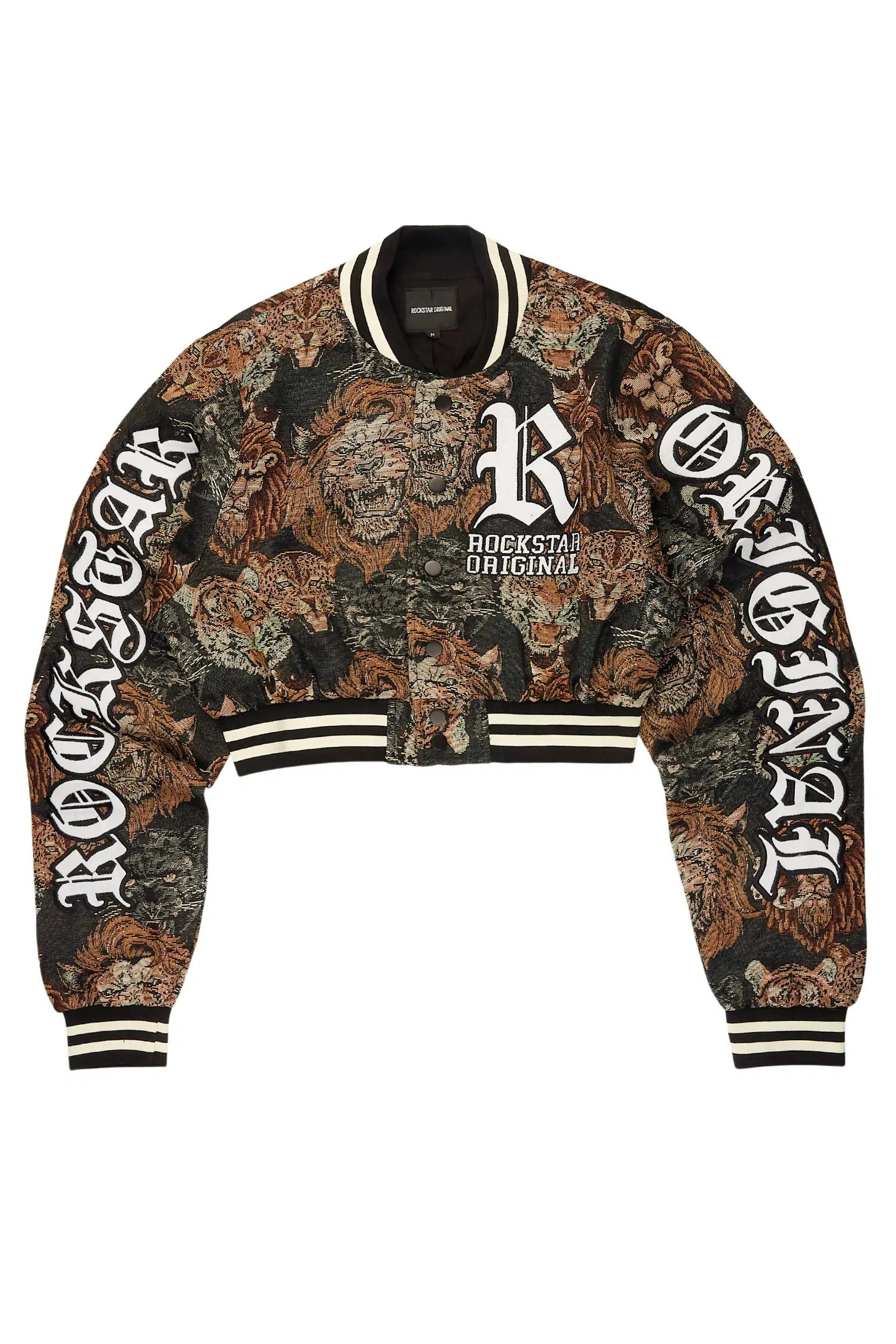 Khadiyah Black Crop Tapestry Varsity Jacket Female Product Image