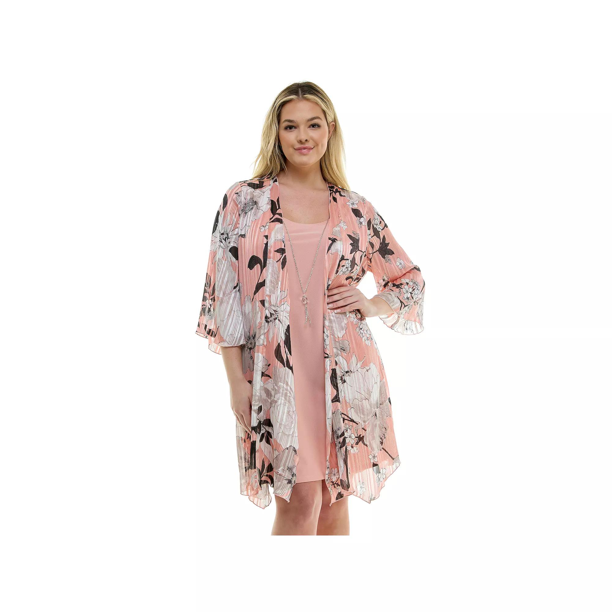Plus Size Luxology 2-Piece 3/4 Bell Sleeve Cardigan & Drop Collar Dress Set, Women's, Size: 1XL, Blush Gray Ivory Product Image