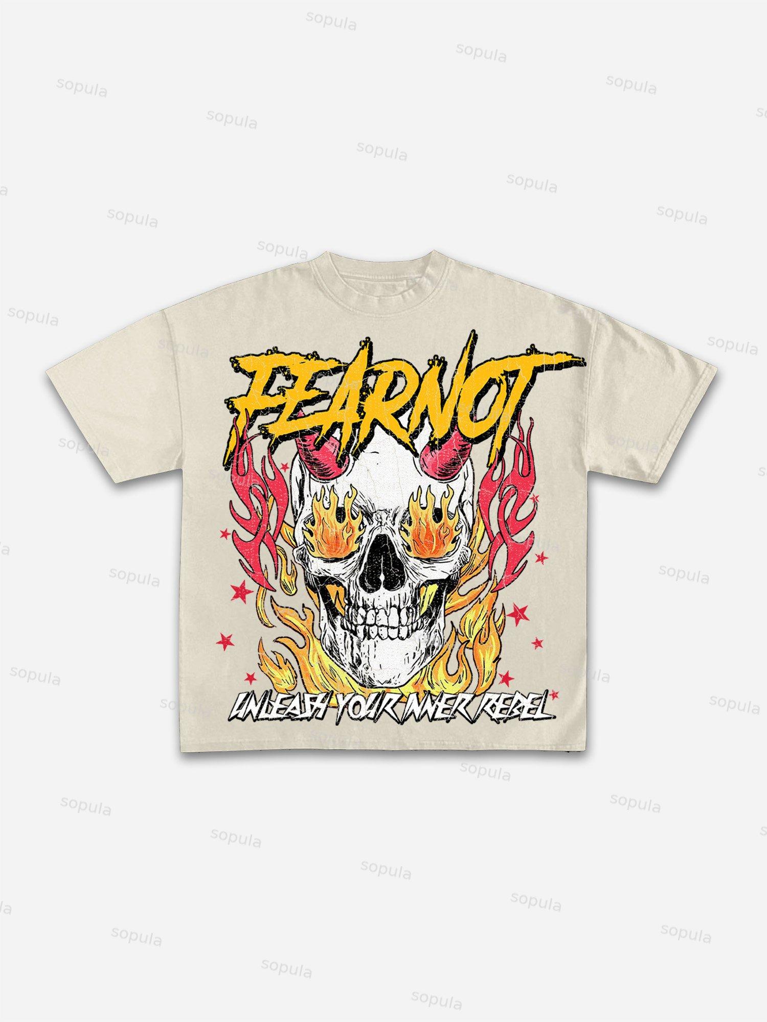 Fear Not Flaming Skull Print Cotton T-shirt Product Image