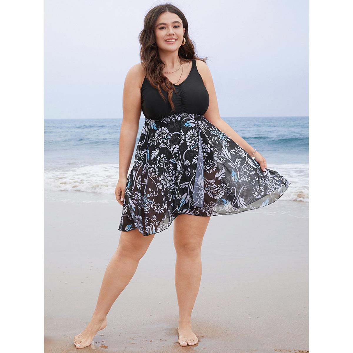Plus Size Floral Patchwork Gathered Adjustable Straps Swim Dress Women's Swimwear BlackFlower Vacation Bodycon V-neck High stretch Curve Swim Dresses BloomChic 12/L Product Image