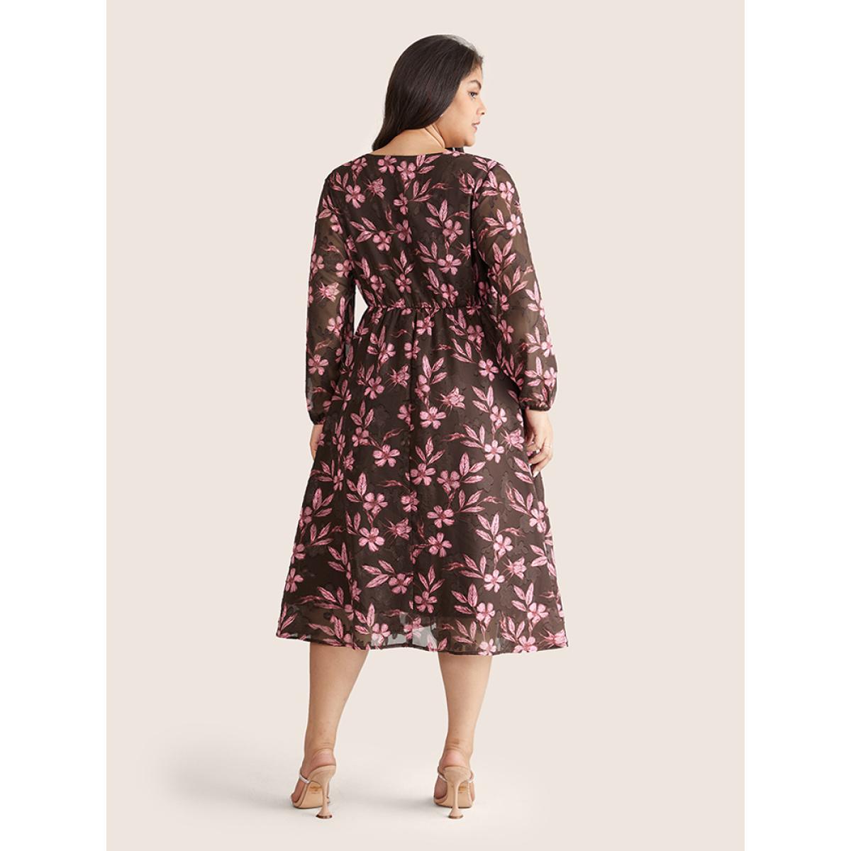 Plus Size Floral Mesh Patchwork Lantern Sleeve Wrap Dress DarkBrown Women Elegant Elastic cuffs Overlap Collar Long Sleeve Curvy Midi Dress BloomChic 12/L Product Image