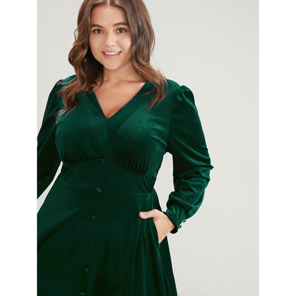 Plus Size Solid V Neck Button Detail Pocket Velvet Dress Green Women Glamour Button V-neck Long Sleeve Curvy Midi Dress BloomChic 10/M Product Image