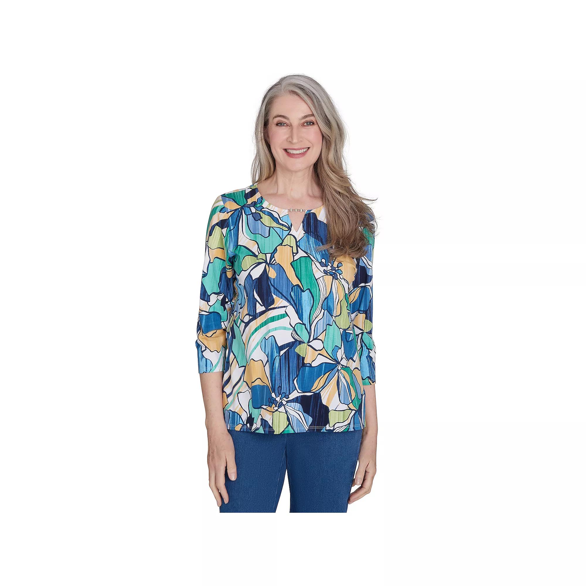 Women's Alfred Dunner Drama Floral Three-Quarter Sleeve Top, Size: XL, Blue Product Image