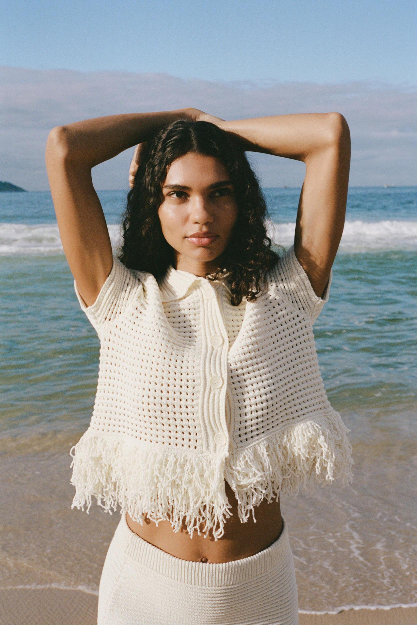 CHECKERED KNIT JACKET WITH FRINGE Product Image