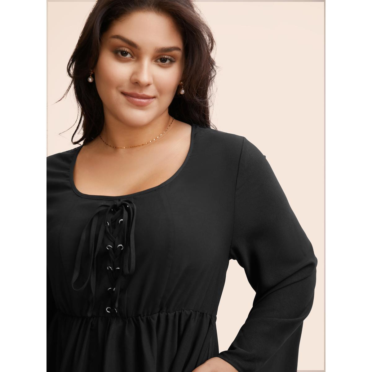 Plus Size Solid Bell Sleeve Pocket Ties High Low Hem Dress Black Women Playful Non V-neck Long Sleeve Curvy Midi Dress BloomChic 26/4X Product Image