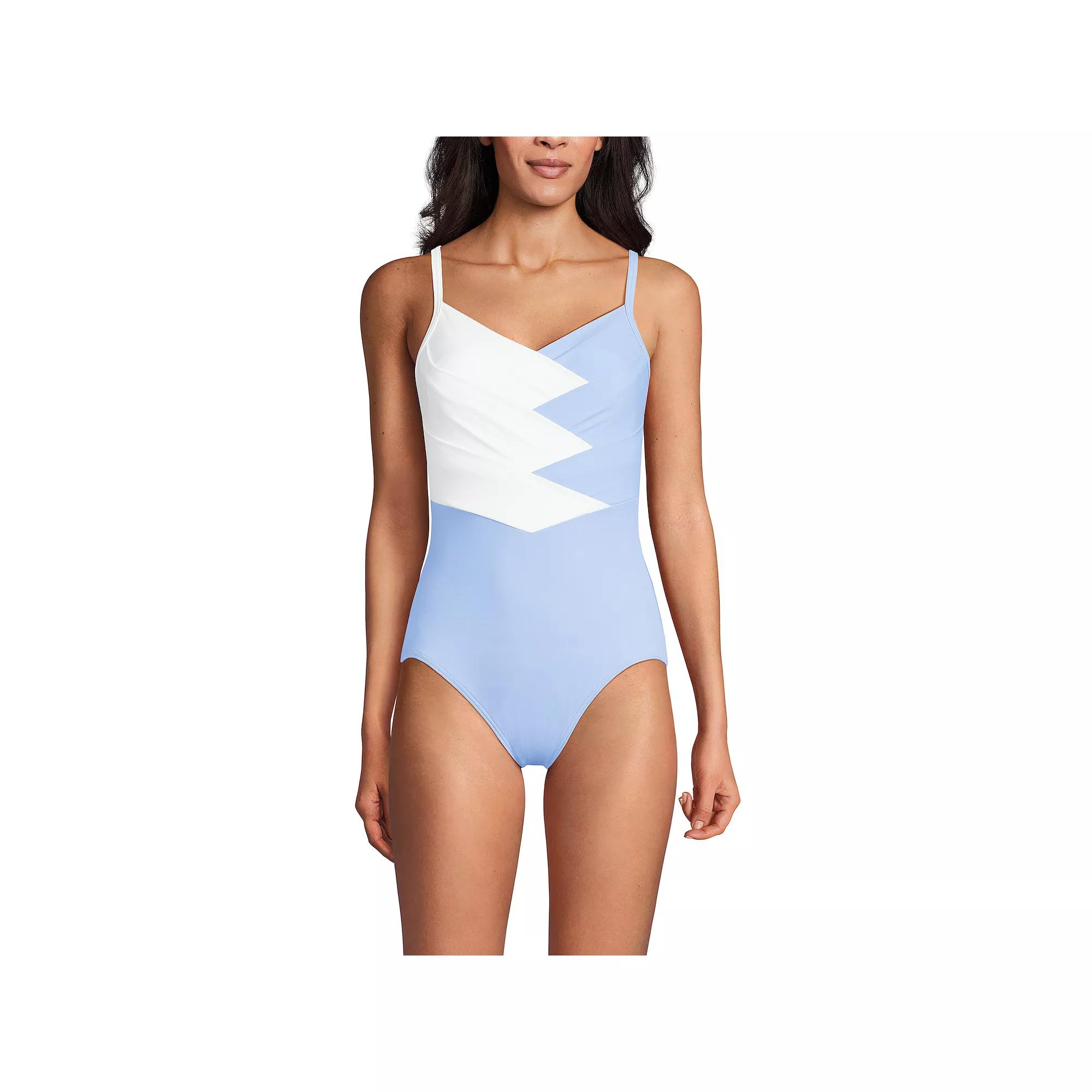 Womens Lands End Slendertex V-Neck Pleated Crossback One-Piece Swimsuit Product Image