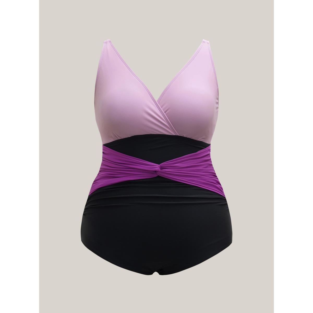 Plus Size Color Block Ruched One-Piece Swimsuit Women's Swimwear Lilac Beach Twist Curve Bathing Suits High stretch One Pieces BloomChic 26/4X Product Image