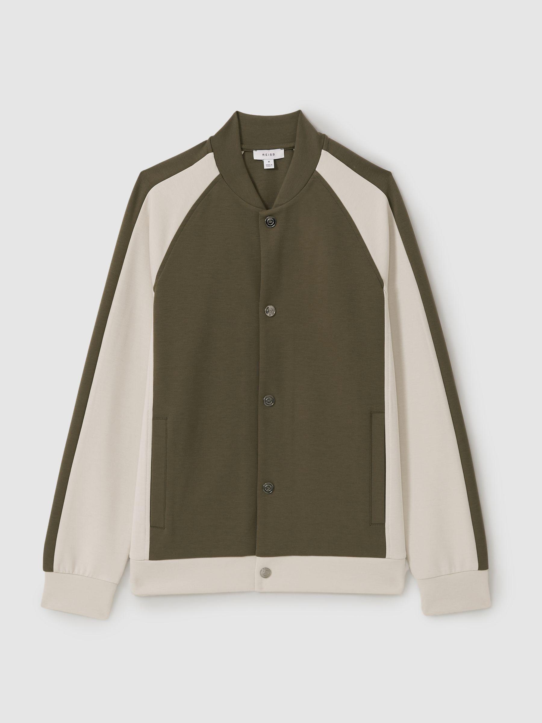 Colourblock Jersey Varsity Jacket in Sage Green/Off White Product Image