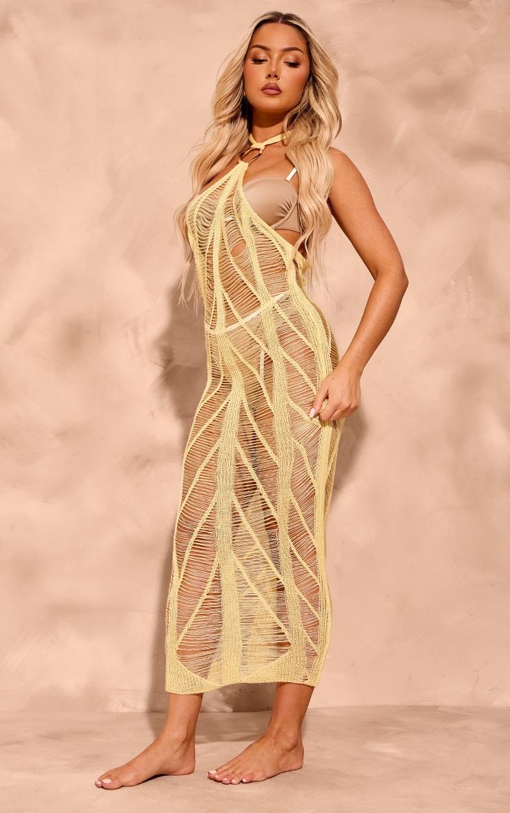 Yellow Laddered Crochet Gold Trim Maxi Beach Dress Product Image