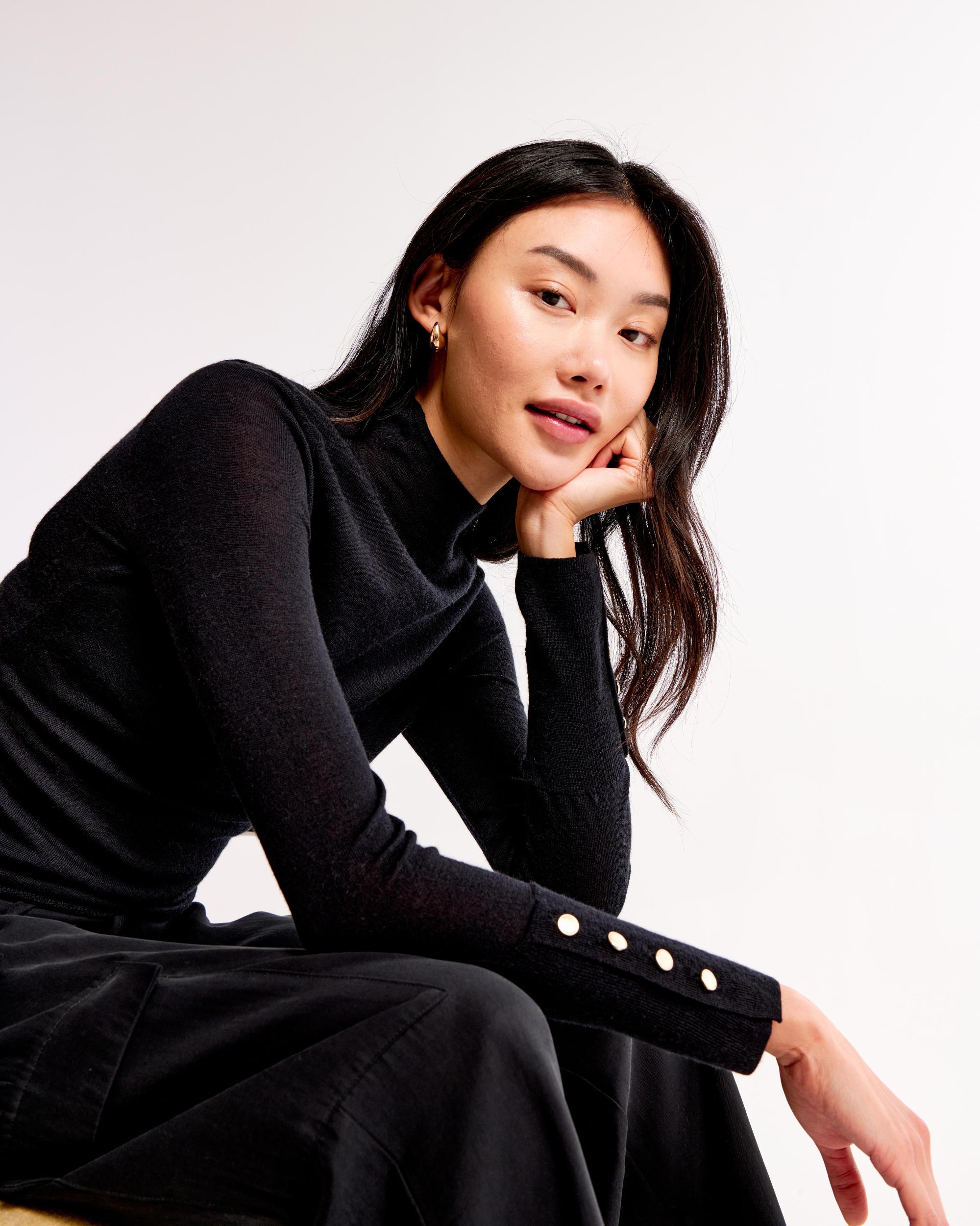 Merino Wool Button Sleeve Mockneck Top Product Image