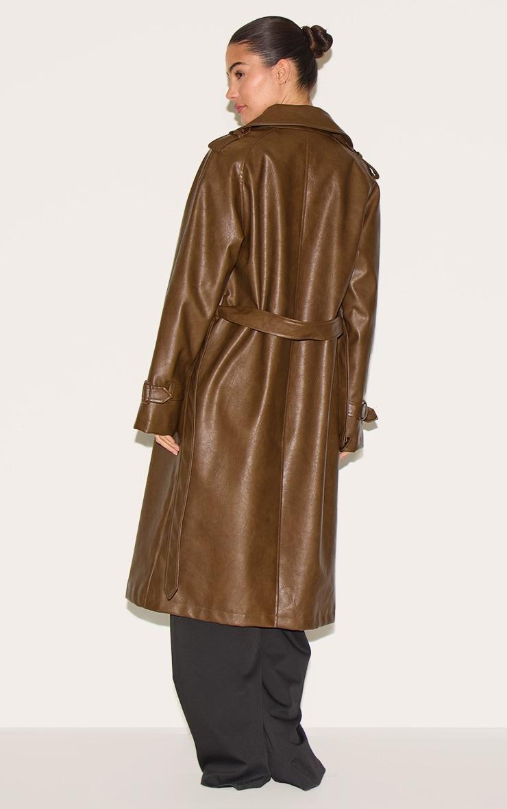 Chocolate Mid Length Faux Leather Trench Coat Product Image