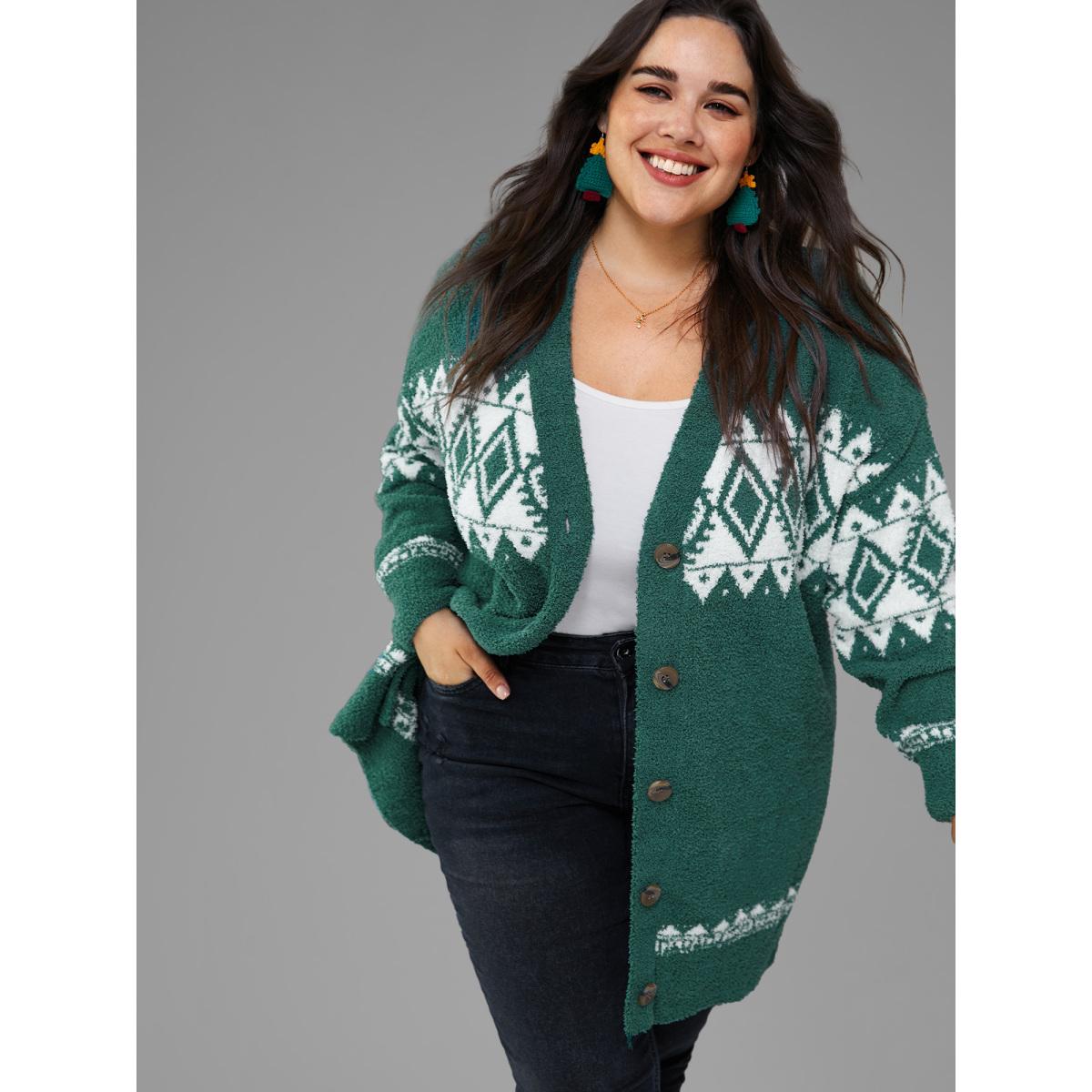 Plus Size Fuzzy Geo Graphic Button Fly Cardigan DarkGreen Women Casual Loose Long Sleeve Festival-Christmas Cardigans BloomChic 26/4X Product Image