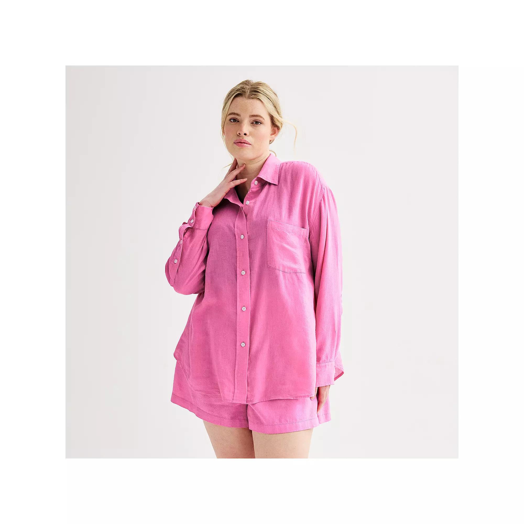 Plus Size Sonoma Goods For Life® Oversized Linen-Blend Boyfriend Shirt, Women's, Size: 3XL, Pink Sandal Product Image