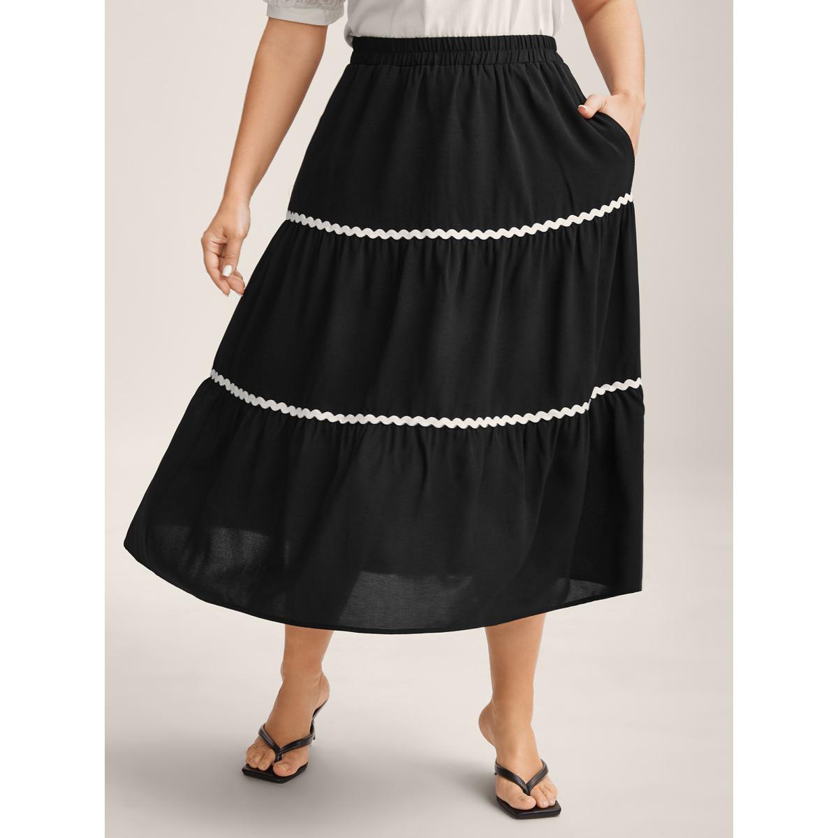 Plus Size Wavy Lace Trim Tiered Maxi Skirt Women Black No stretch Side seam pocket Everyday-Elegant Skirts BloomChic 14-16/1X Product Image