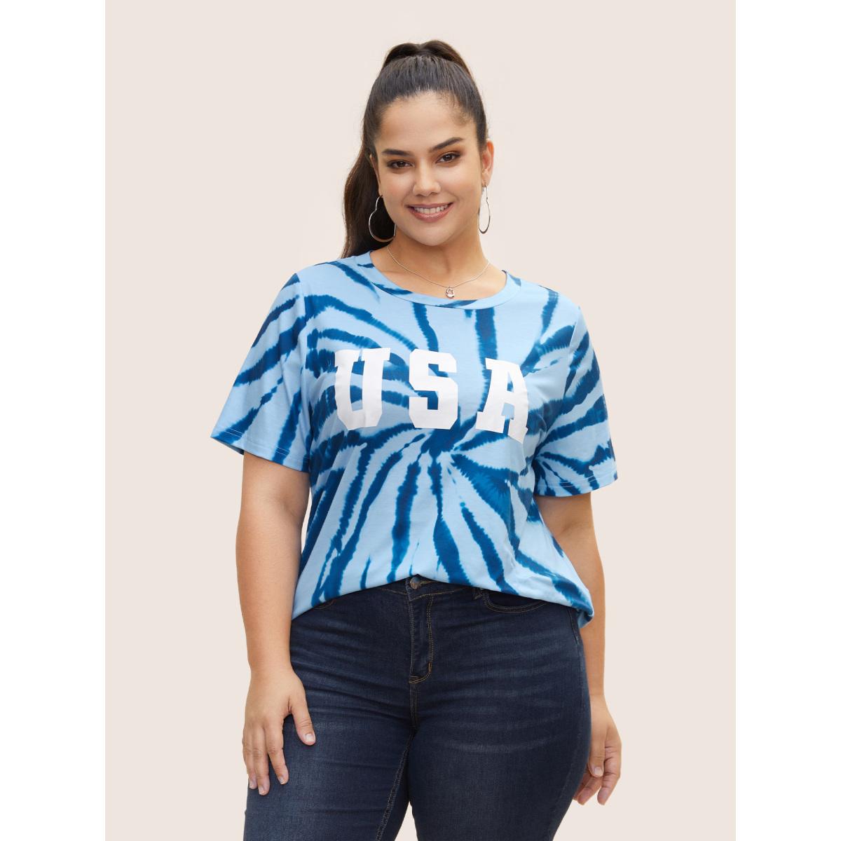 Plus Size USA Print Round Neck Tie Dye T-Shirt DarkBlue Women Casual Contrast Art&design Round Neck Everyday T-shirts BloomChic 14-16/1X Product Image