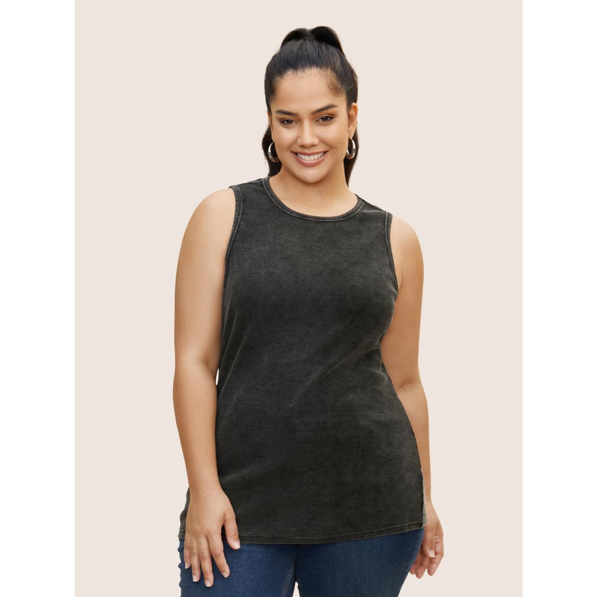 Plus Size Vintage Round Neck Pit Strip Tank Top Women Black Casual Texture Round Neck Everyday Tank Tops Camis BloomChic 30/6X Product Image