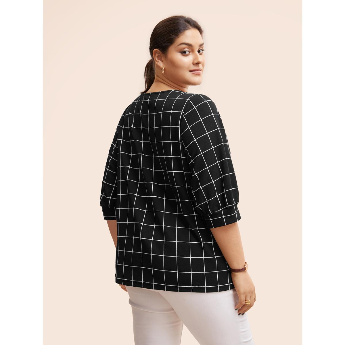 Plus Size Plaid Round Neck Lantern Sleeve T-shirt Black Women At the Office Printed Plaid Round Neck Office T-shirts BloomChic 22-24/3X Product Image