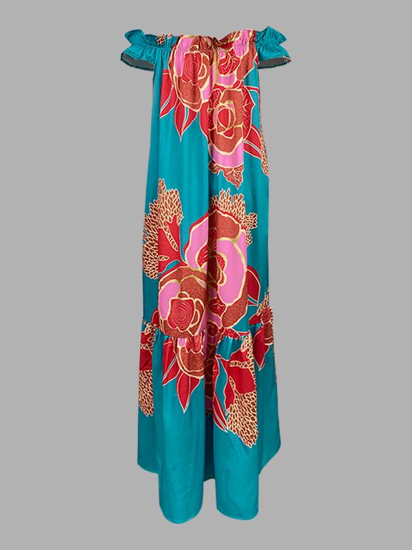 A-Line Loose Elasticity Flower Print Pleated Split-Joint Off-The-Shoulder Maxi Dresses Product Image
