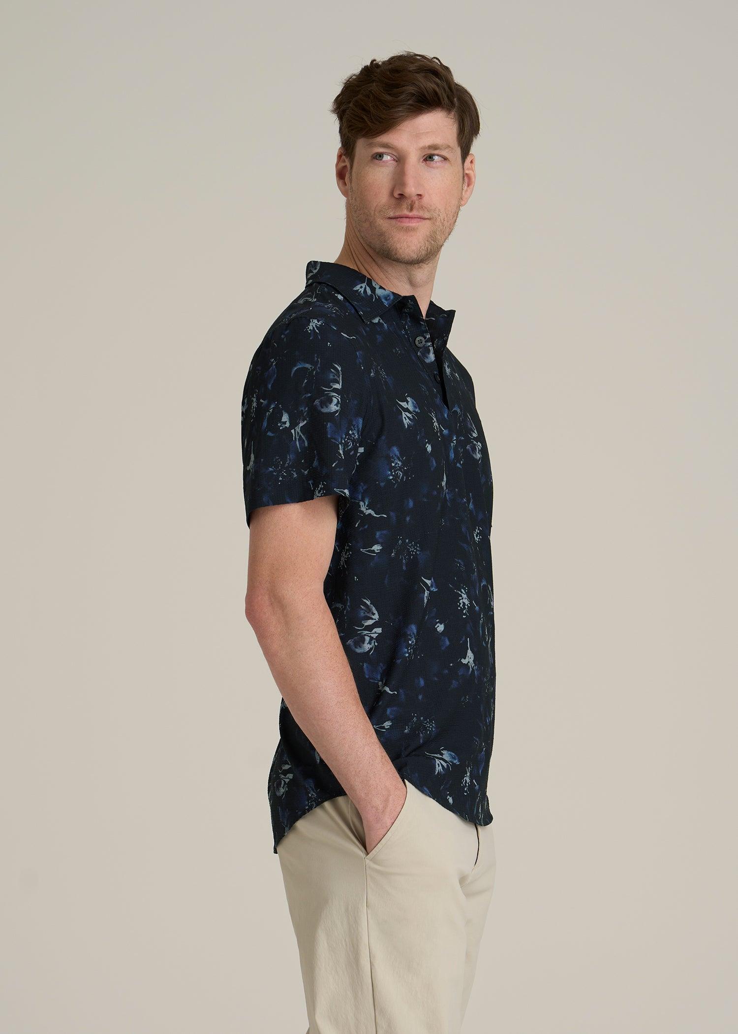 Coastal Perforated Polo Shirt for Tall Men in Black and Violet Floral Male Product Image