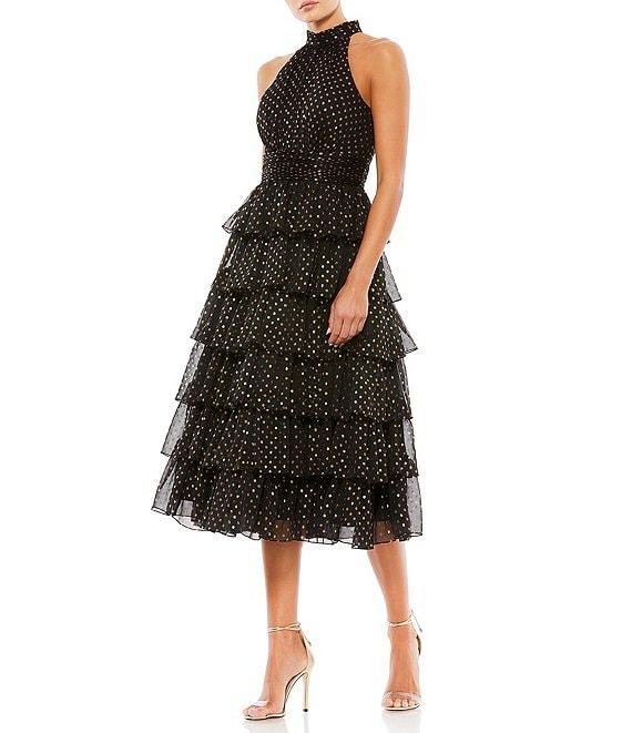 Mac Duggal A-Line Tiered Ruffle Halter Neck Sleeveless Midi Dress Product Image