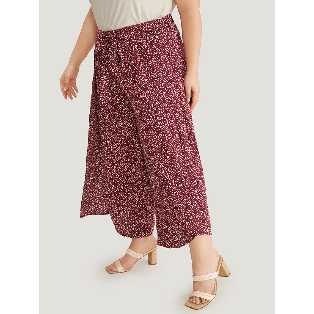 Plus Size Leopard Print Ties Wrap Hem Wide Leg Pants Women Burgundy Vacation Wide Leg High Rise Dailywear Pants BloomChic 28/5X Product Image
