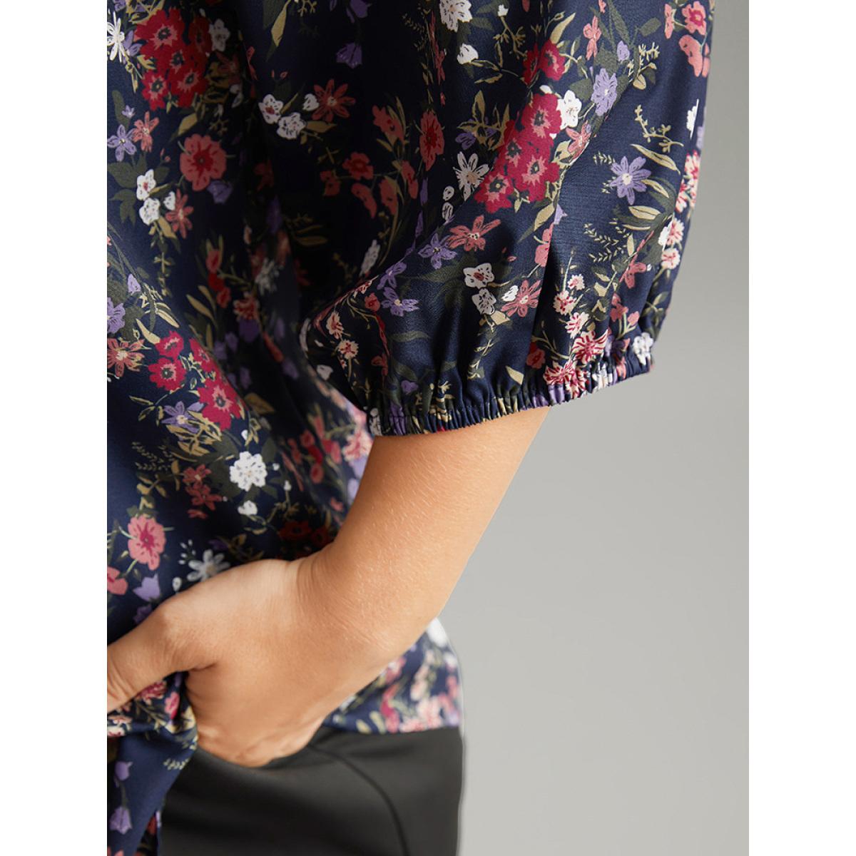 Plus Size Indigo Ditsy Floral Tie Neck Elastic Cuffs Blouse Women Elegant Elbow-length sleeve Tie Neck Dailywear Blouses BloomChic 30/6X Product Image