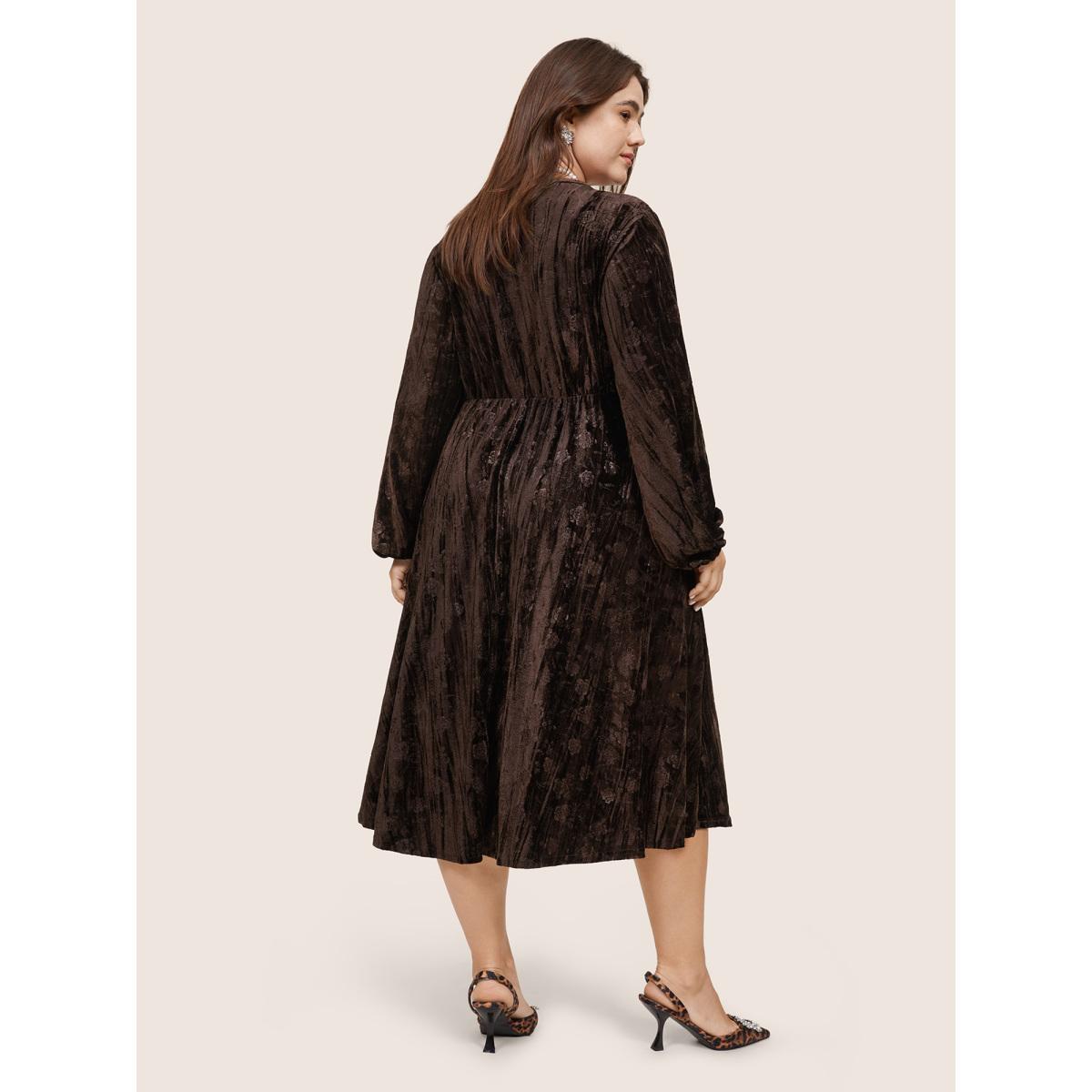 Plus Size Solid Texture Velvet V Neck Lantern Sleeve Dress DarkBrown Women Glamour Velvet V-neck Long Sleeve Curvy Midi Dress BloomChic 30/6X Product Image