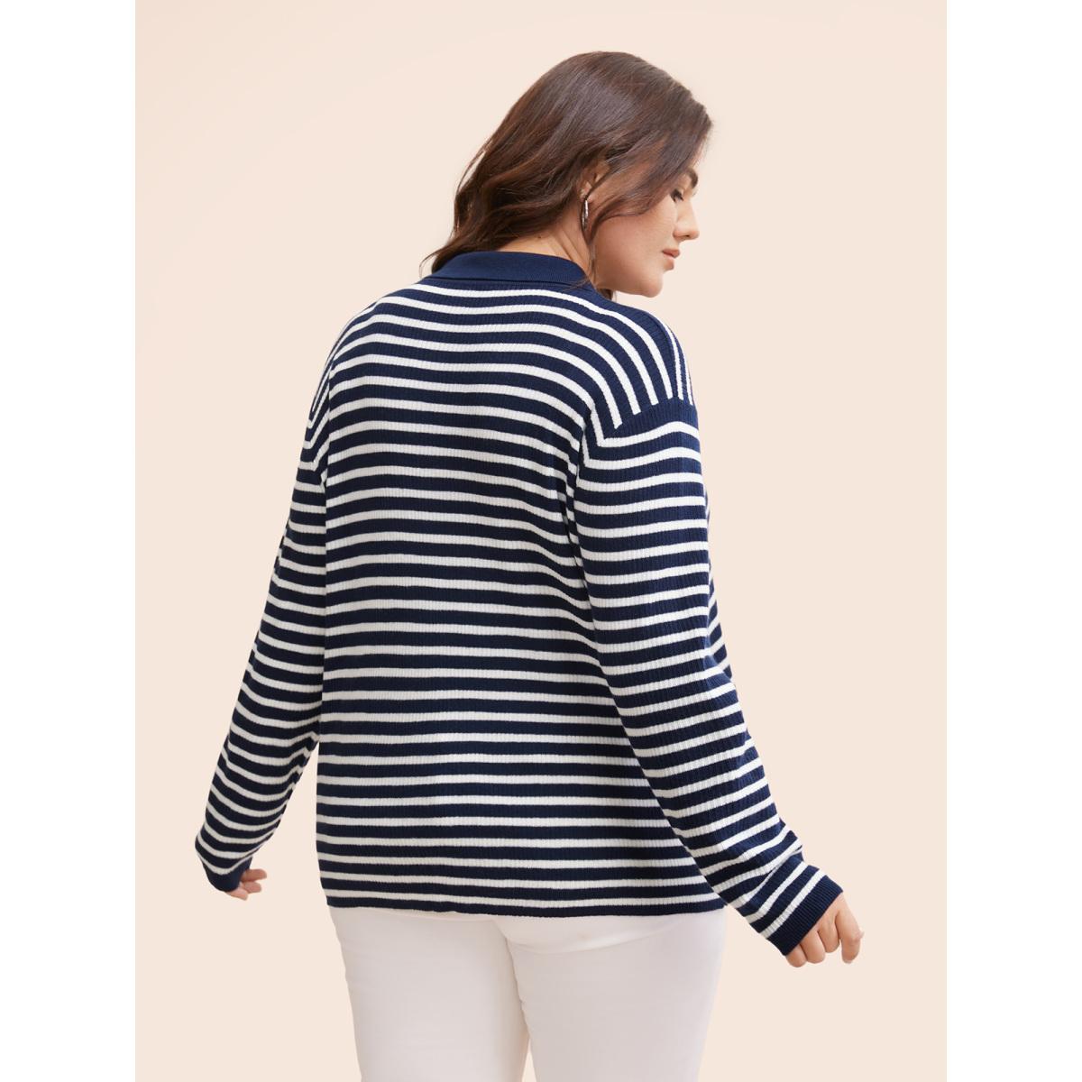Plus Size Polo Neck Striped Button Up Pullover Midnight Women Workwear Essentials Long Sleeve Polo Work Pullovers BloomChic 22-24/3X Product Image