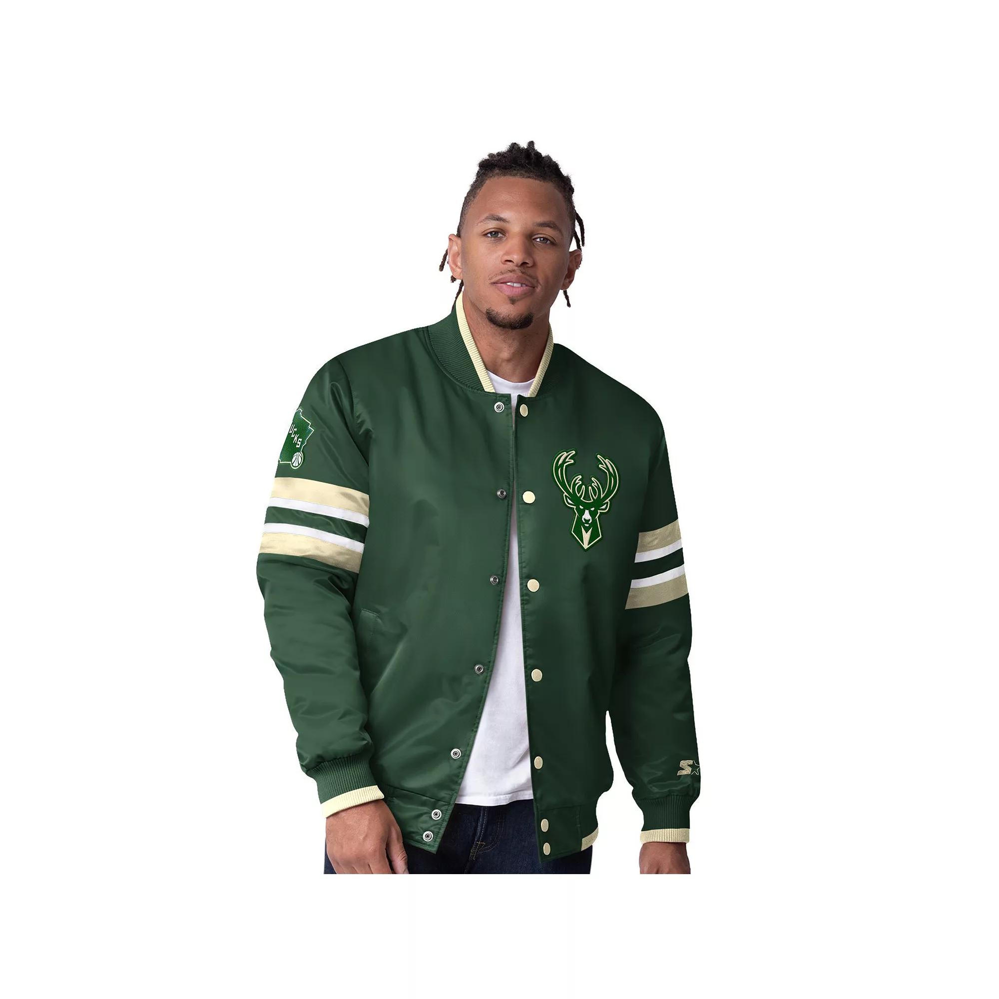 Men's Starter Hunter Green Milwaukee Bucks Scout Varsity Satin Full-Snap Jacket, Size: Large, Team Product Image