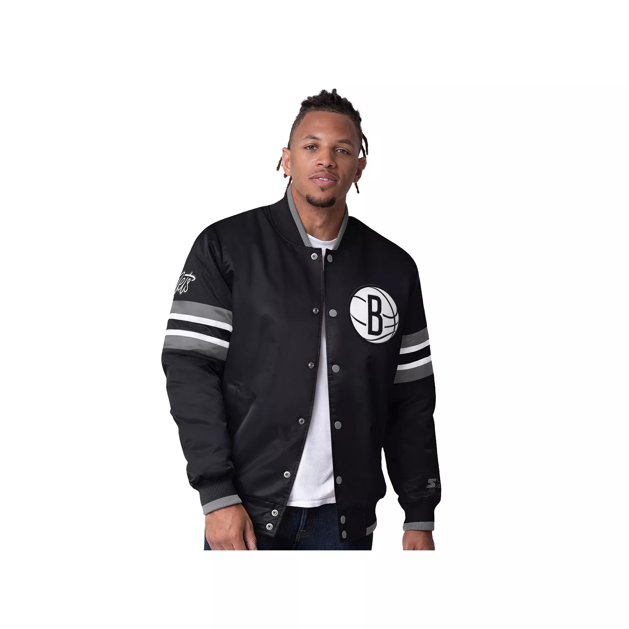 Men's Starter Black Brooklyn Nets Scout Varsity Satin Full-Snap Jacket, Size: Medium Product Image