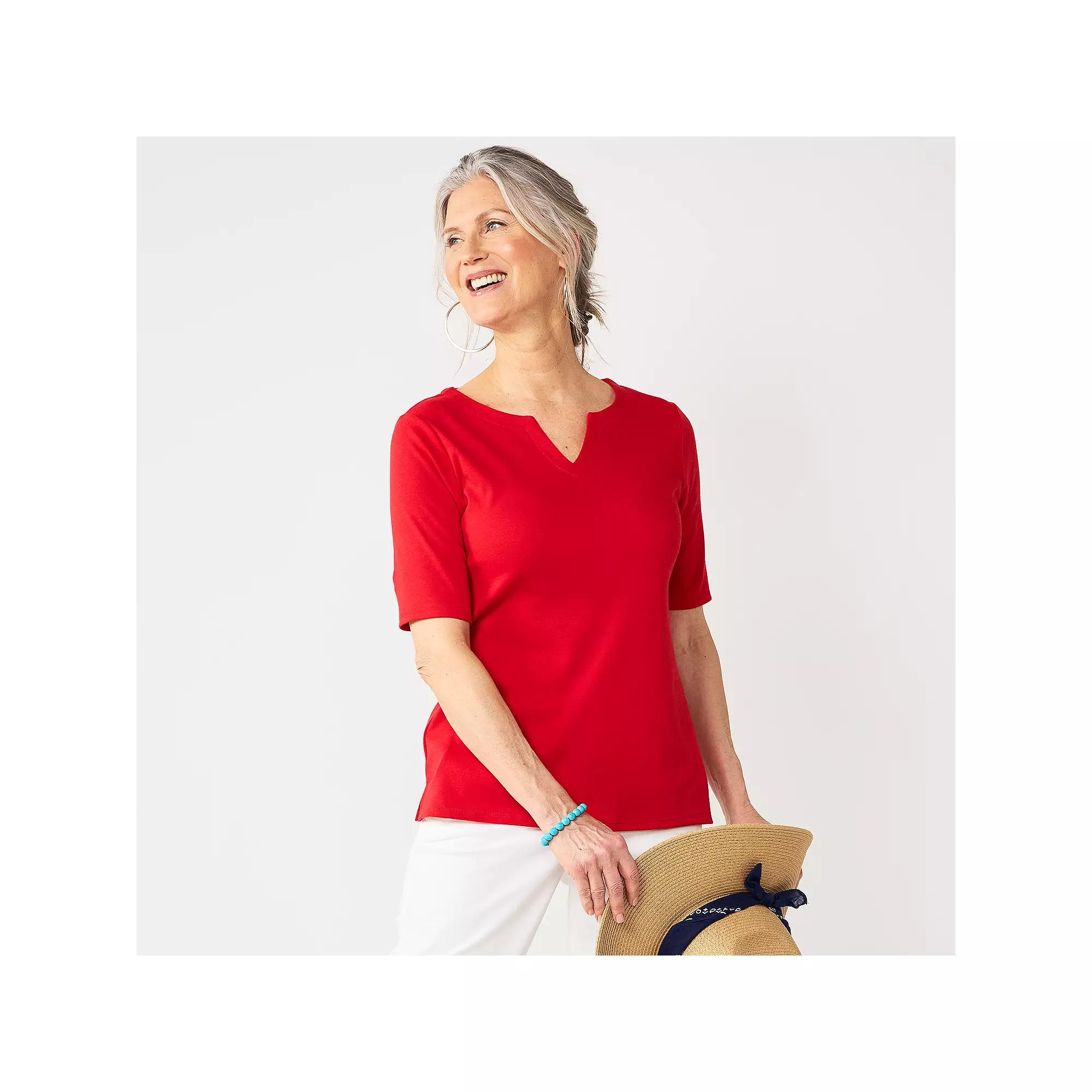 Petite Croft & Barrow® Elbow Sleeve Splitneck Top, Women's,  Product Image