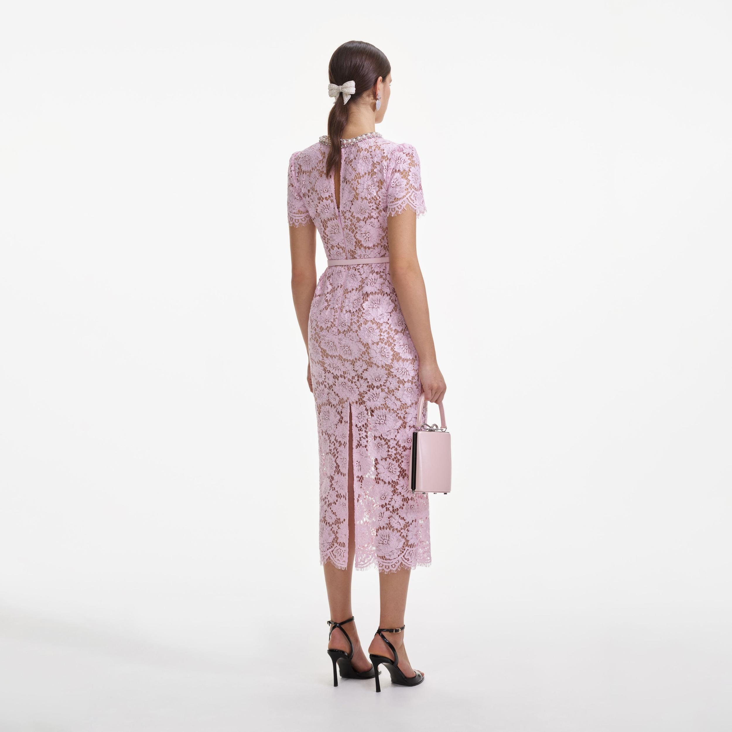 Pink Fine Lace Pearl Midi Dress Product Image
