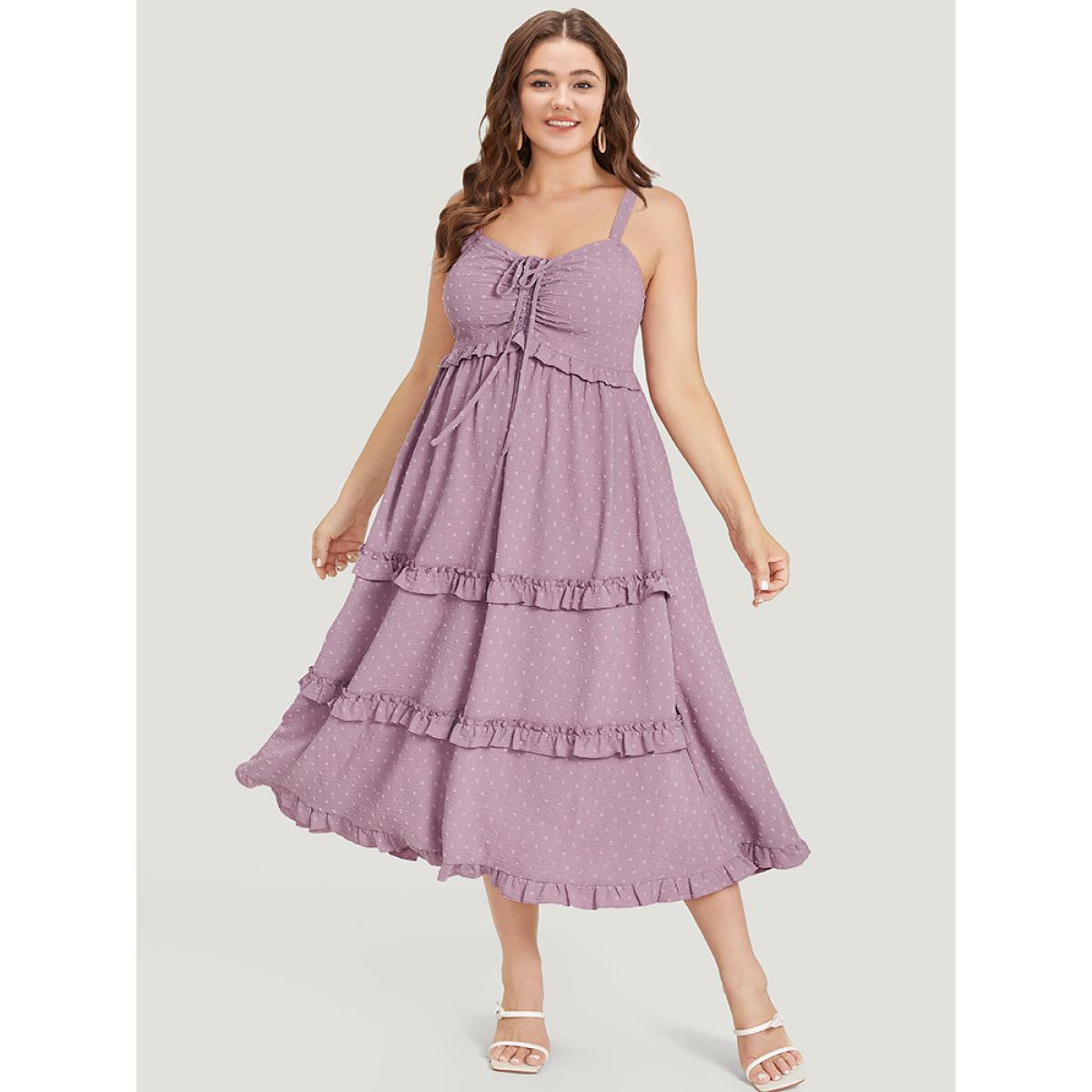 Plus Size Plain Drawstring Ruched Pocket Ruffle Trim Cami Dress Mauve Women Elegant Adjustable Straps Spaghetti Strap Sleeveless Curvy Midi Dress BloomChic 14-16/1X Product Image