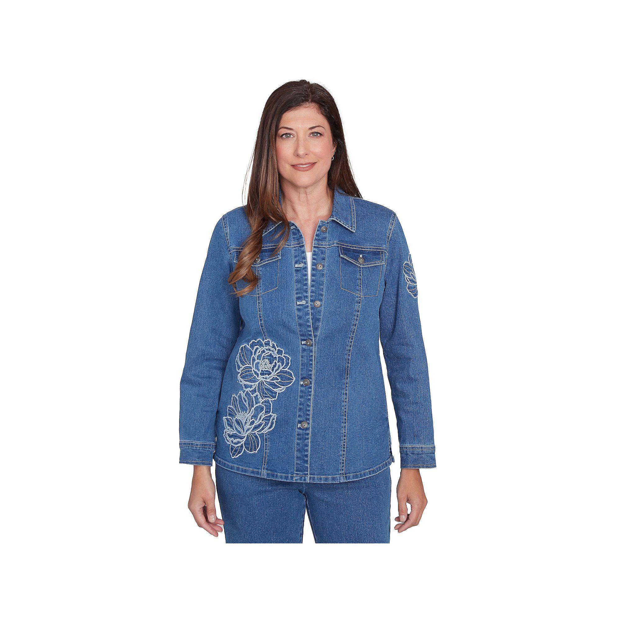 Women's Alfred Dunner Super Stretch Floral Denim Jacket, Size: Large, Medium Blue Product Image