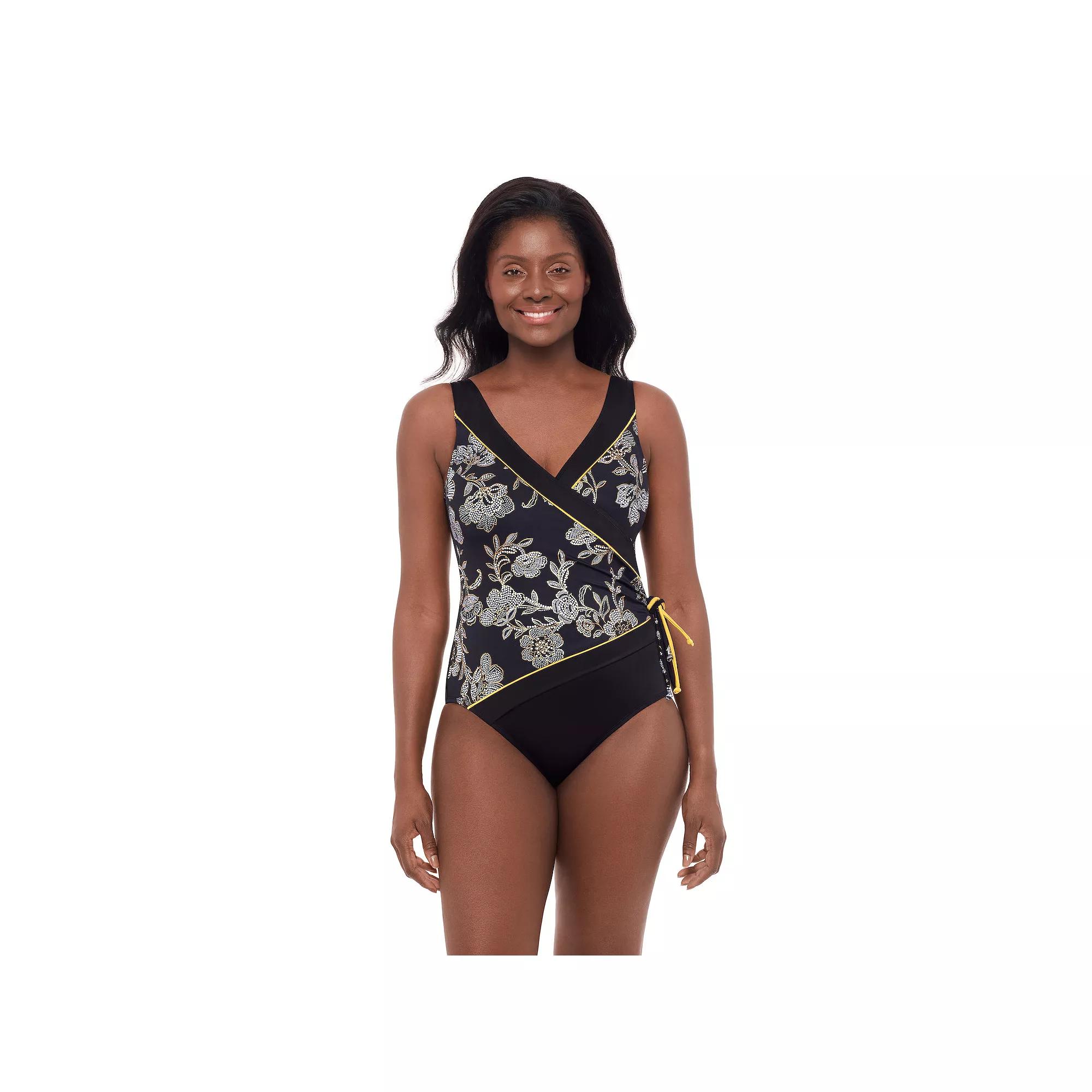 Women's Great Lengths Black Floral Tassel Surplice One Piece Swimsuit,  Product Image