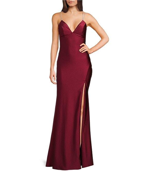 Midnight Doll Jersey Knit Satin V-Neck Rhinestone Strap Lace Up Back Side Slit Long Dress Product Image