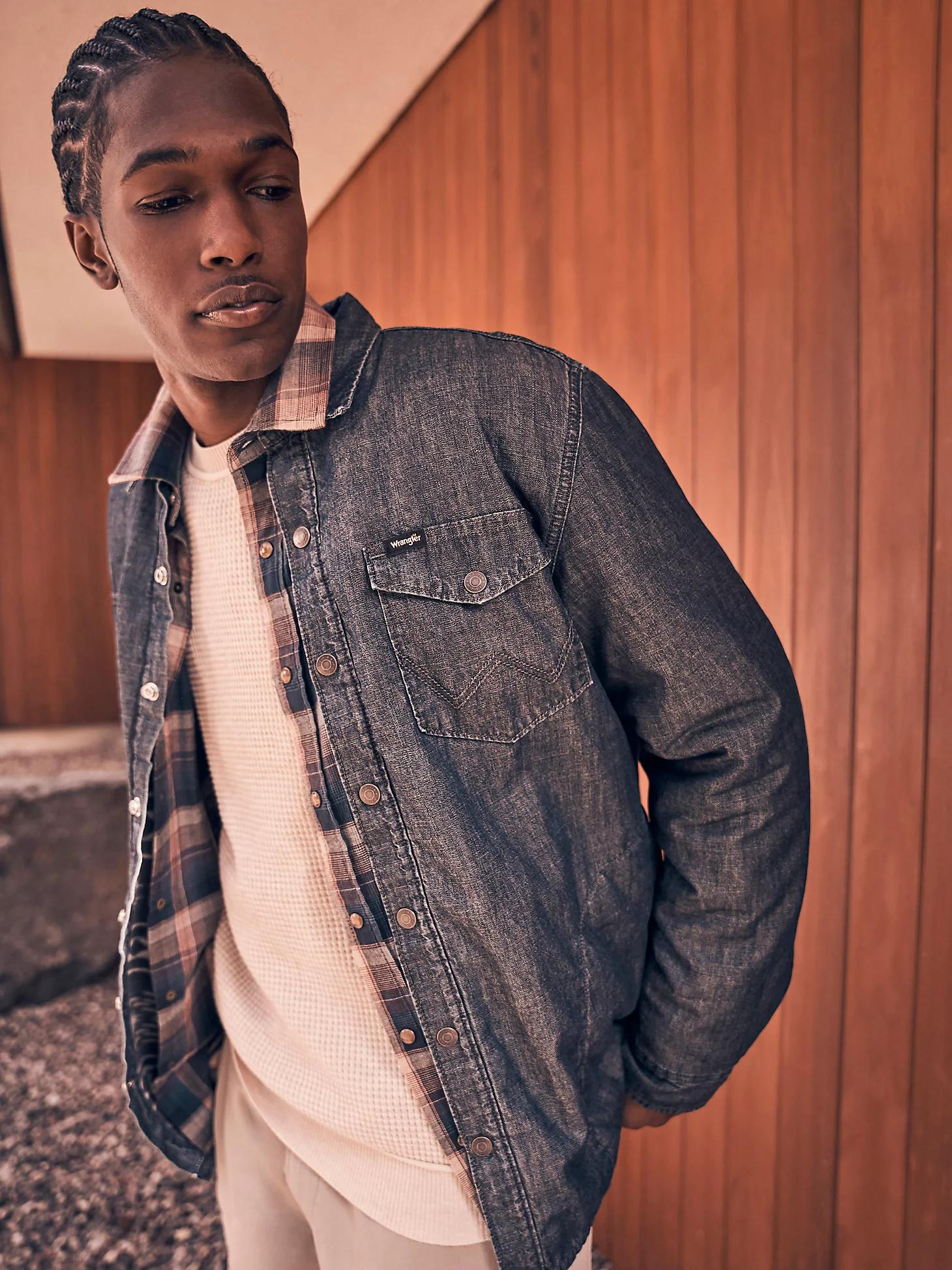 Men's Printed Fleece Lined Denim Shirt in Gravel Wash Product Image