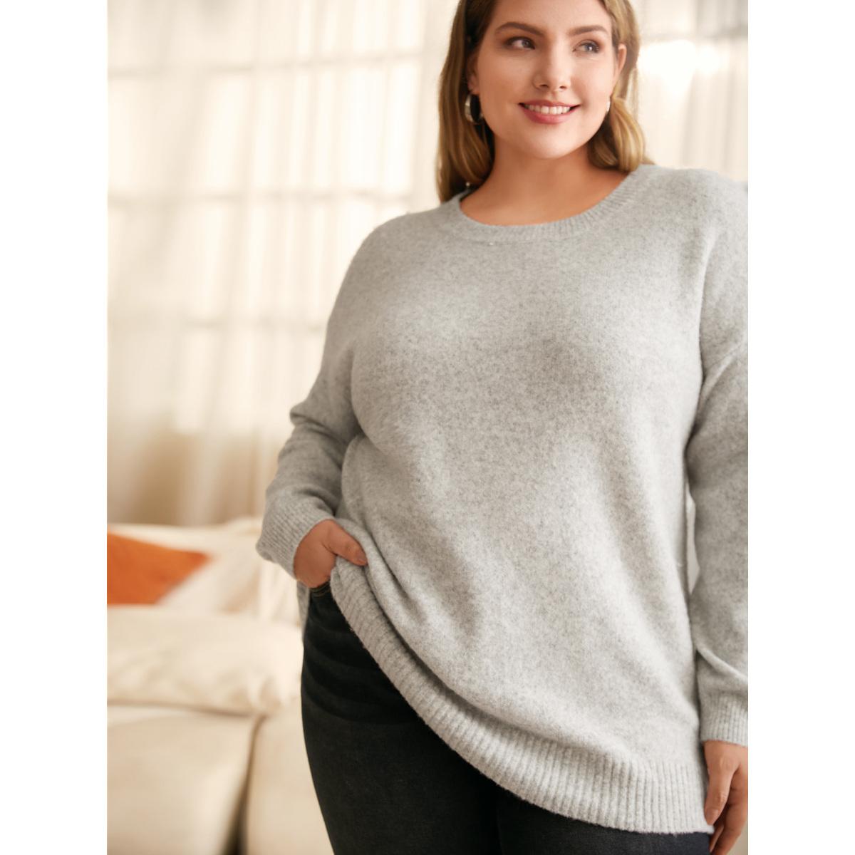 Plus Size Airy Cozy Drop Shoulder Wool Pullover LightGray Women Casual Long Sleeve Round Neck Everyday Pullovers BloomChic 28/5X Product Image