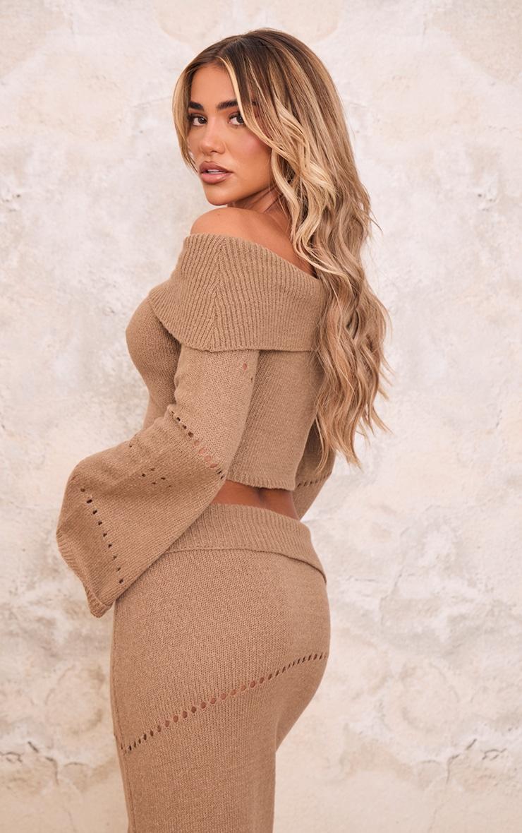 Chocolate Fold Over Bardot Knit Long Sleeve Top Product Image