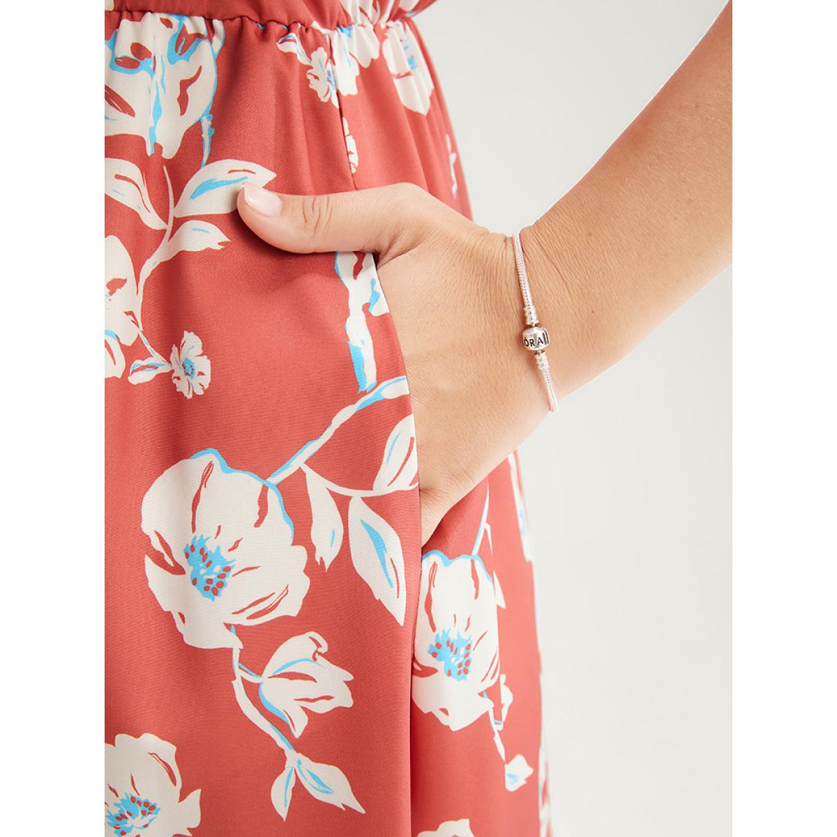 Plus Size Floral Printed Ruffle Trim Pocket V Neck Split Hem Dress Coral Women Elegant Elastic Waist V-neck Sleeveless Curvy Midi Dress BloomChic 28/5X Product Image