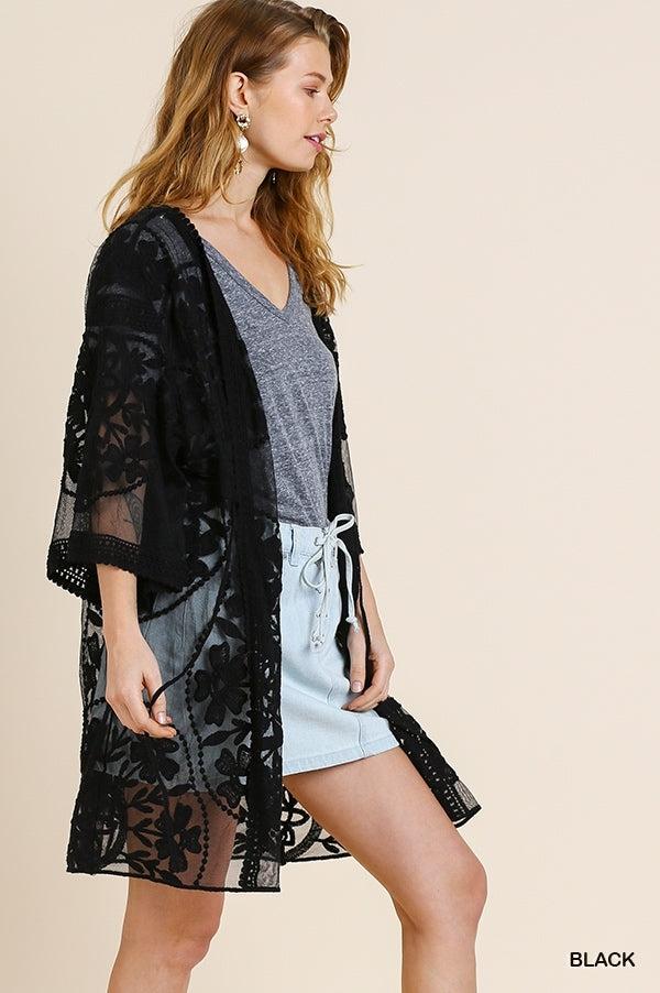 1136   ReeAnn Floral Lace Kimono w/ Waist Tie - Reg & Plus Product Image