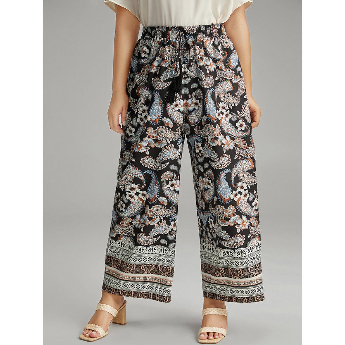 Plus Size Boho Print Tassel Elastic Waist Pants Women Black Resort Straight Leg High Rise Vacation Pants BloomChic 14-16/1X Product Image