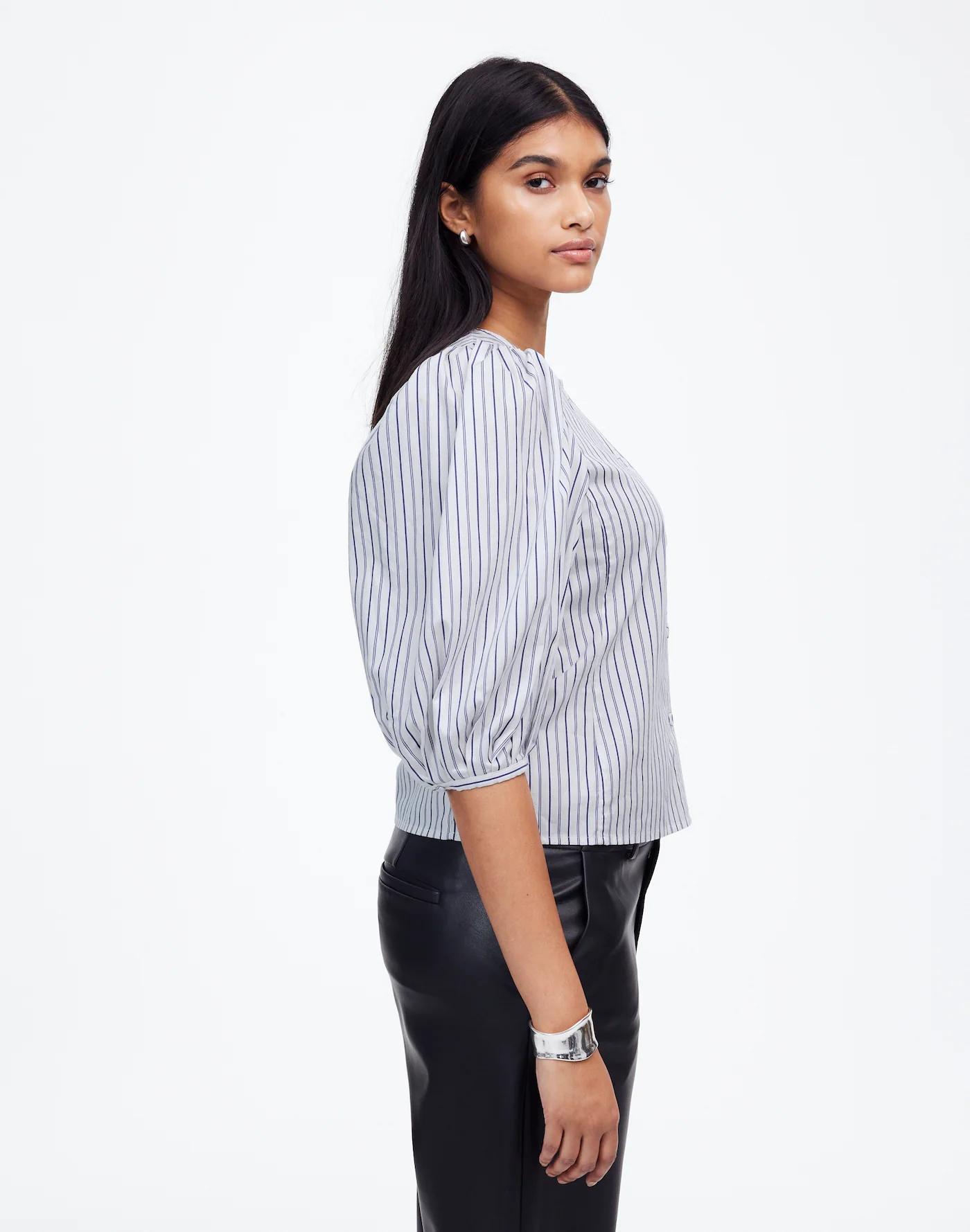 Puff-Sleeve Button-Up Top in Stripe Product Image