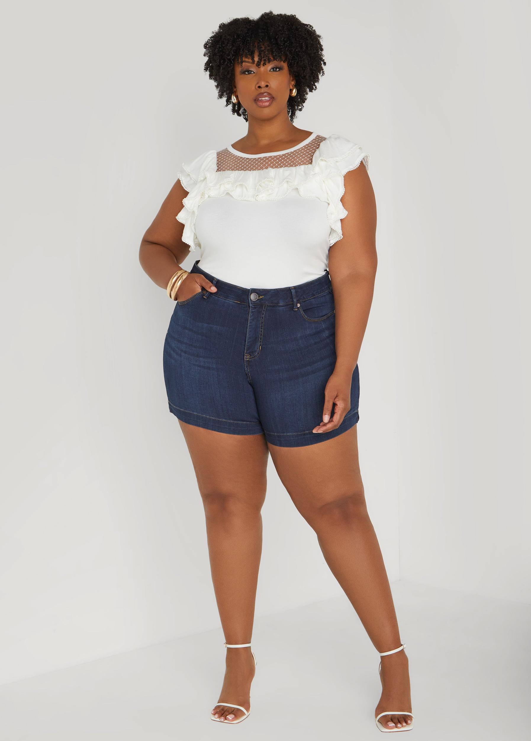 Plus Size Faux Pearl Mesh Paneled Top Ashley Stewart Product Image