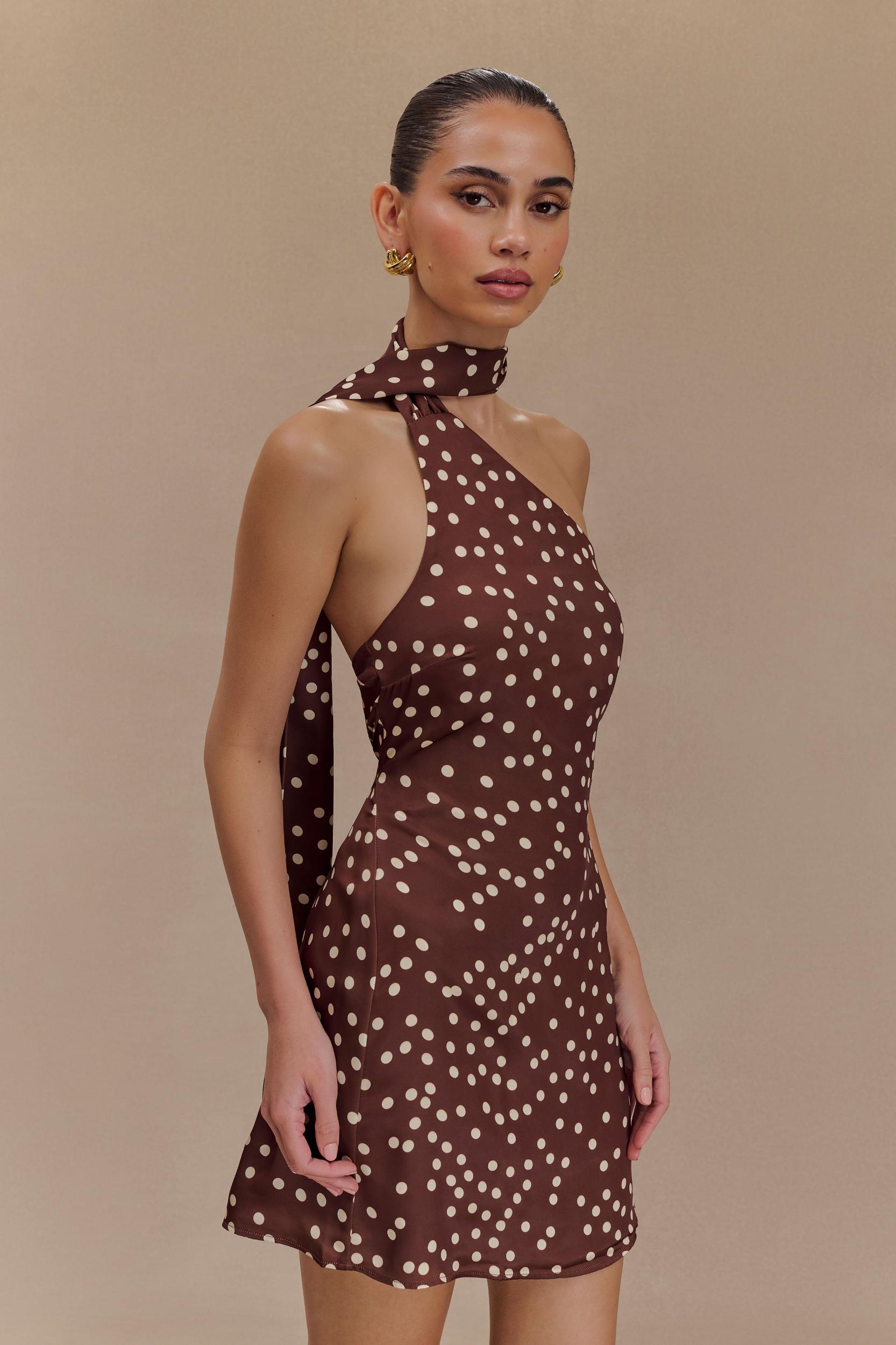 Joan Satin Asymmetrical Mini Dress - Brown Polka Dot Print Product Image